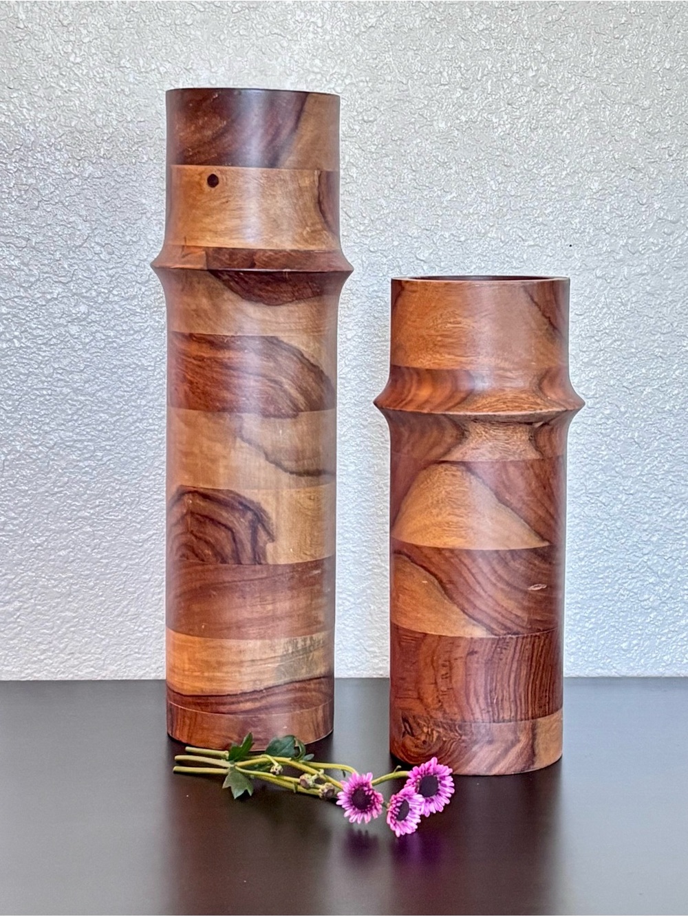 Set of Two Matching Beautiful Solid Wood Vases ~10.5” and 13.5” Unused